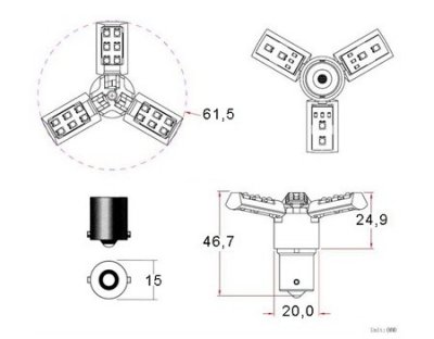 Diode-lampe 12V 18xDiode 3-fløjet rød BA15s