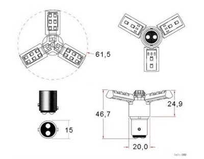 Diodelampe 12V 24xSMD 3-fløjet rød BAY15d